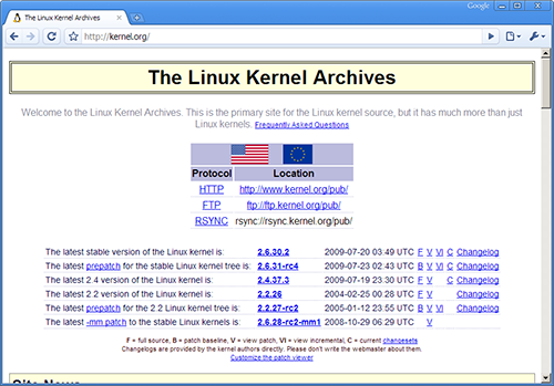 En skärmdump på Chrome som i ett fönster presenterar kernel.org, från webbplatsen visas bilder, tabeller med text (allt i färg).